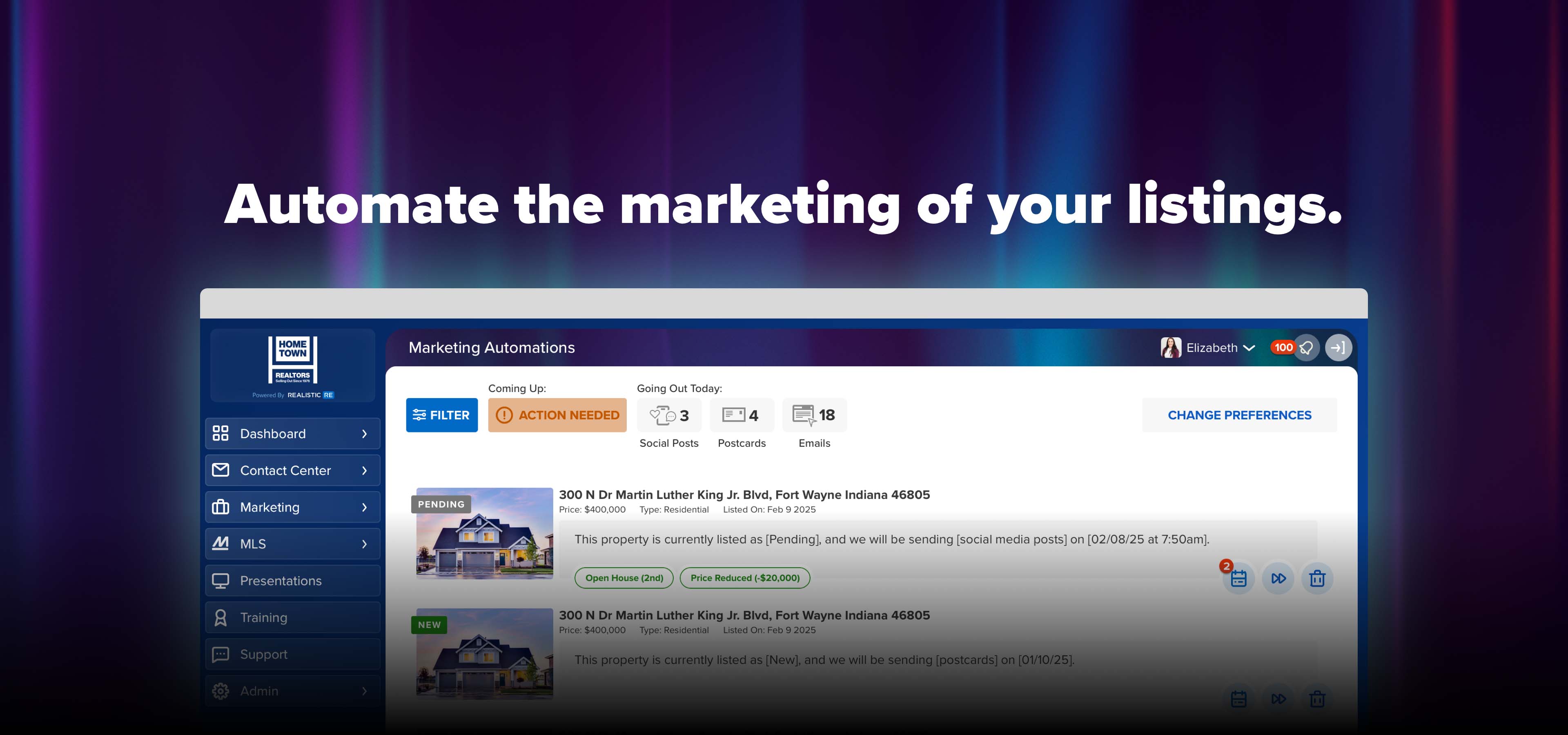 A screen shot of the RealisticRE software and the message: "Automate the marketing of your listings." 